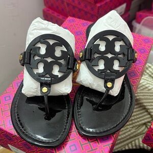 Tory Burch Black Patent Logo Thong Sandals